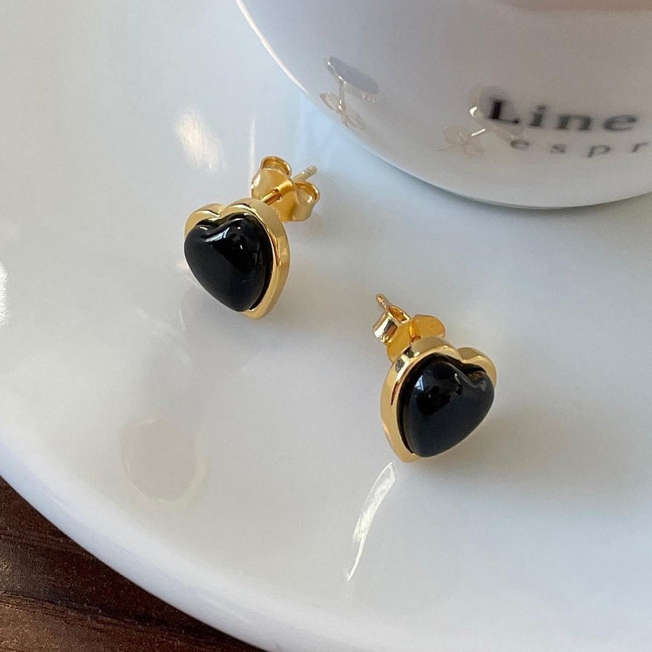 925 silver jewelry | Black Onyx Heart-Shaped Stud Earrings